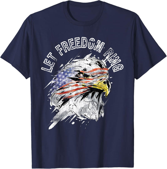 Patriotic American Bald Eagle US Flag Let Freedom Ring Quote T-Shirt - T-Shirt | Navy