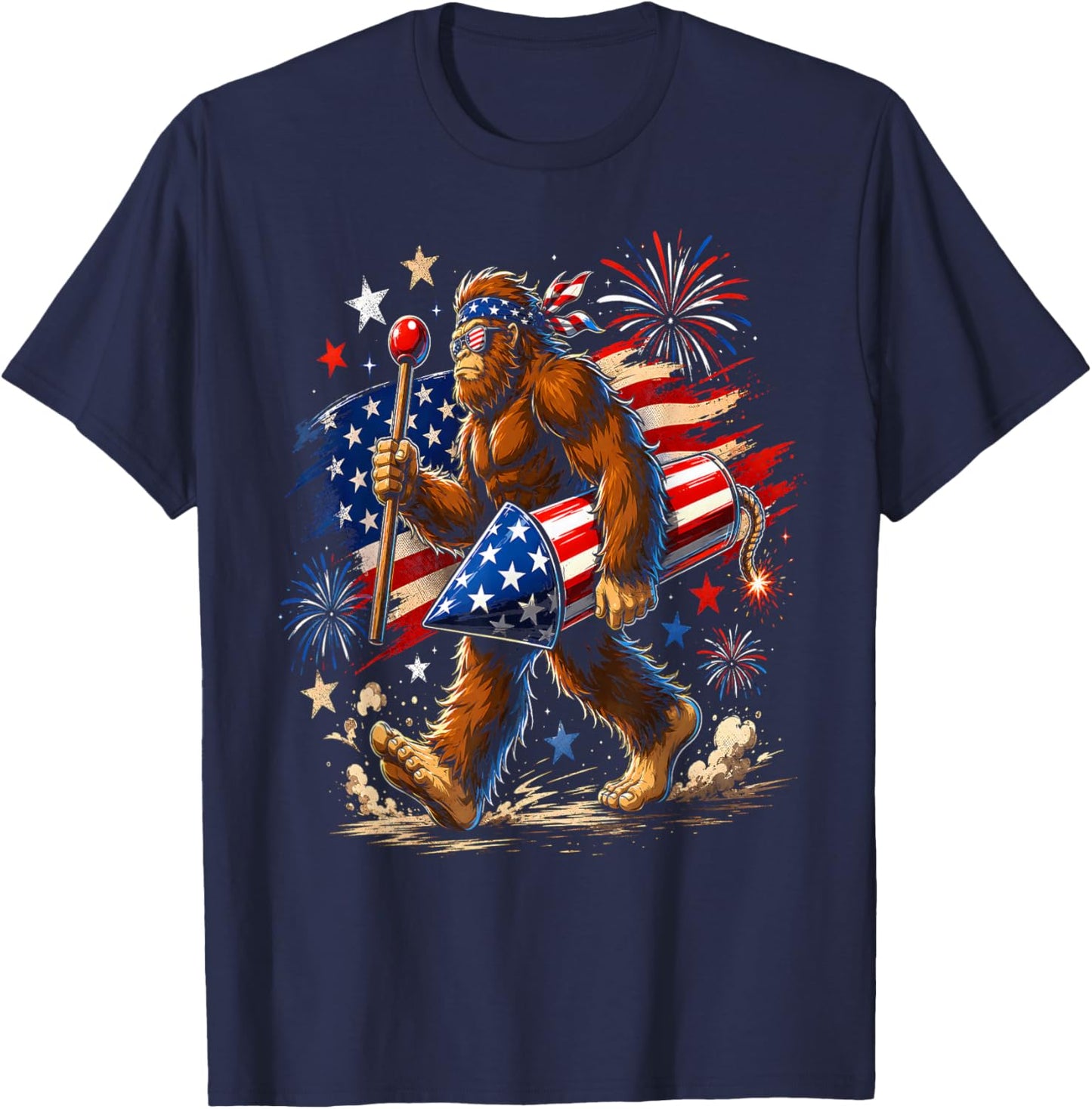 Bigfoot Fireworks 4th of July Men Sasquatch American Flag T-Shirt - T-Shirt | Navy