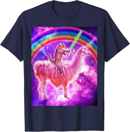 Kitty Cat Riding Llama Unicorn Rainbow In Space Cat Lover Men Women Girls Kids T-Shirt - T-Shirt | Navy