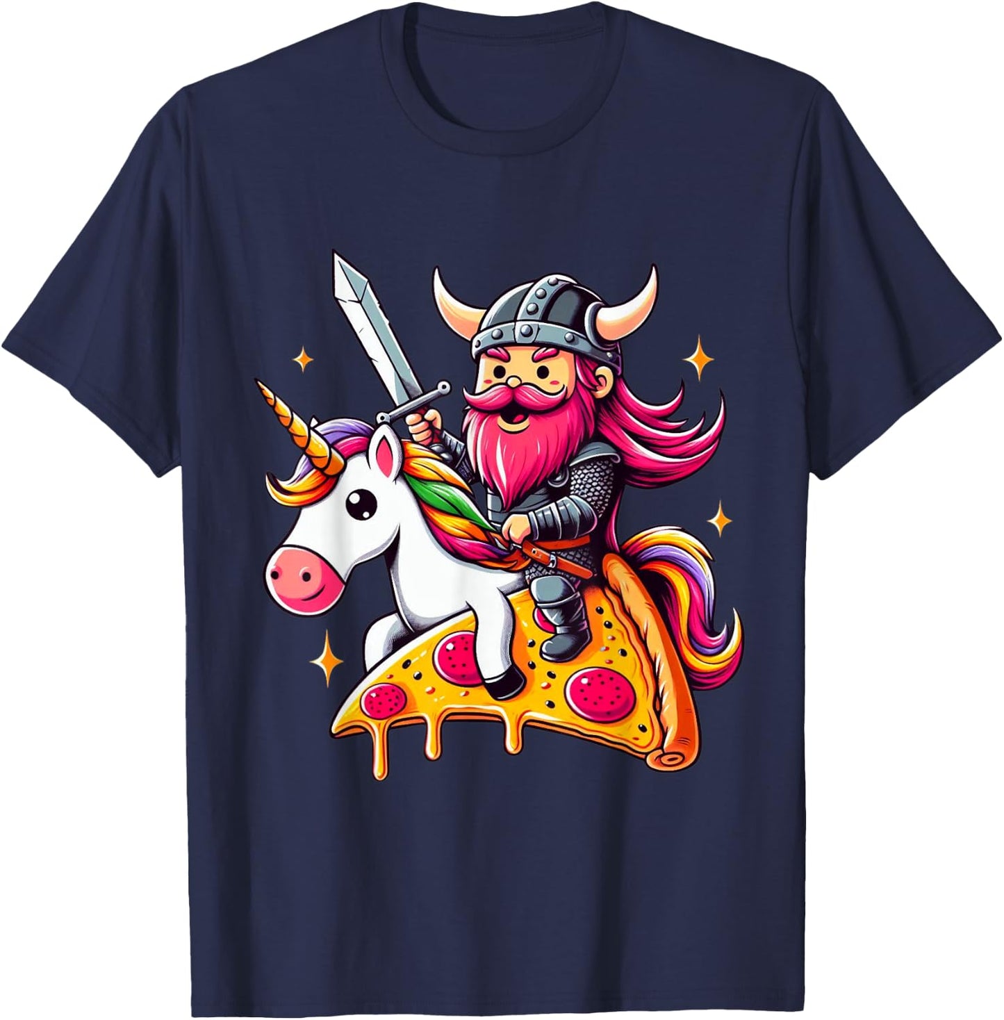 Viking And Unicorn On Pizza Boys Girls Men Women Kids Adults T-Shirt - T-Shirt | Navy