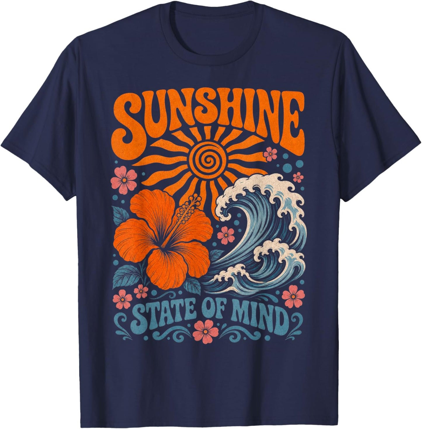 Sunshine State of Mind Retro Beach Hibiscus Flower T-Shirt - T-Shirt | Navy
