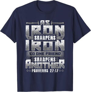 Christian Dad Iron Sharpens Iron Scripture verse bible quote T-Shirt - T-Shirt | Navy