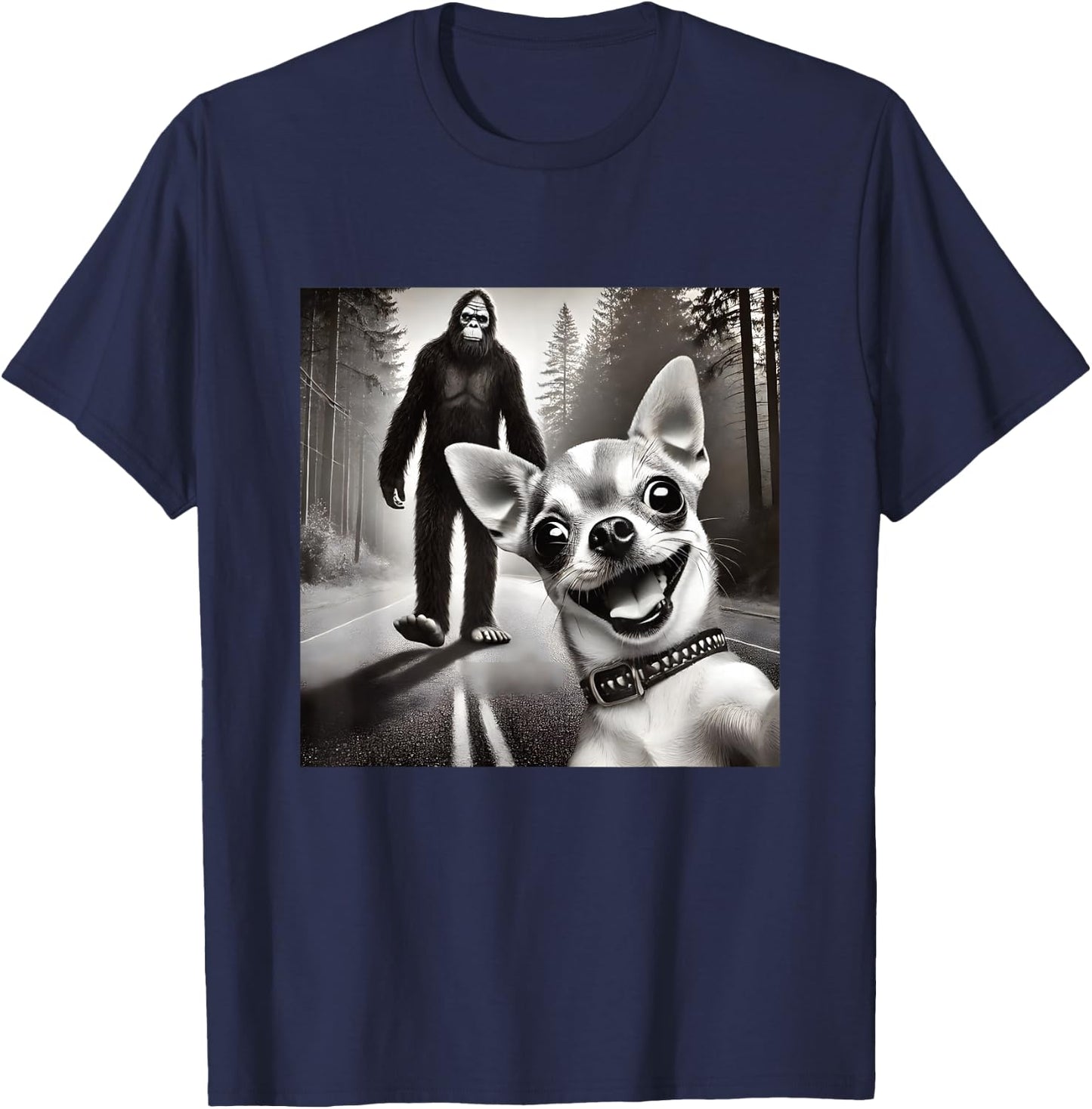 Chihuahua Selfie with Sasquatch Forest T-Shirt - T-Shirt | Navy