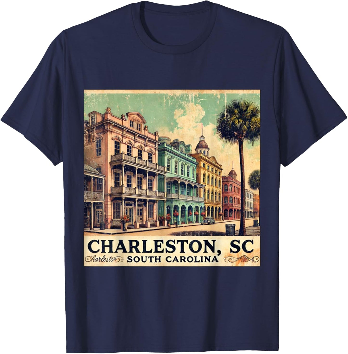 Charleston SC Vintage Postcard Rainbow Row T-Shirt - T-Shirt | Navy