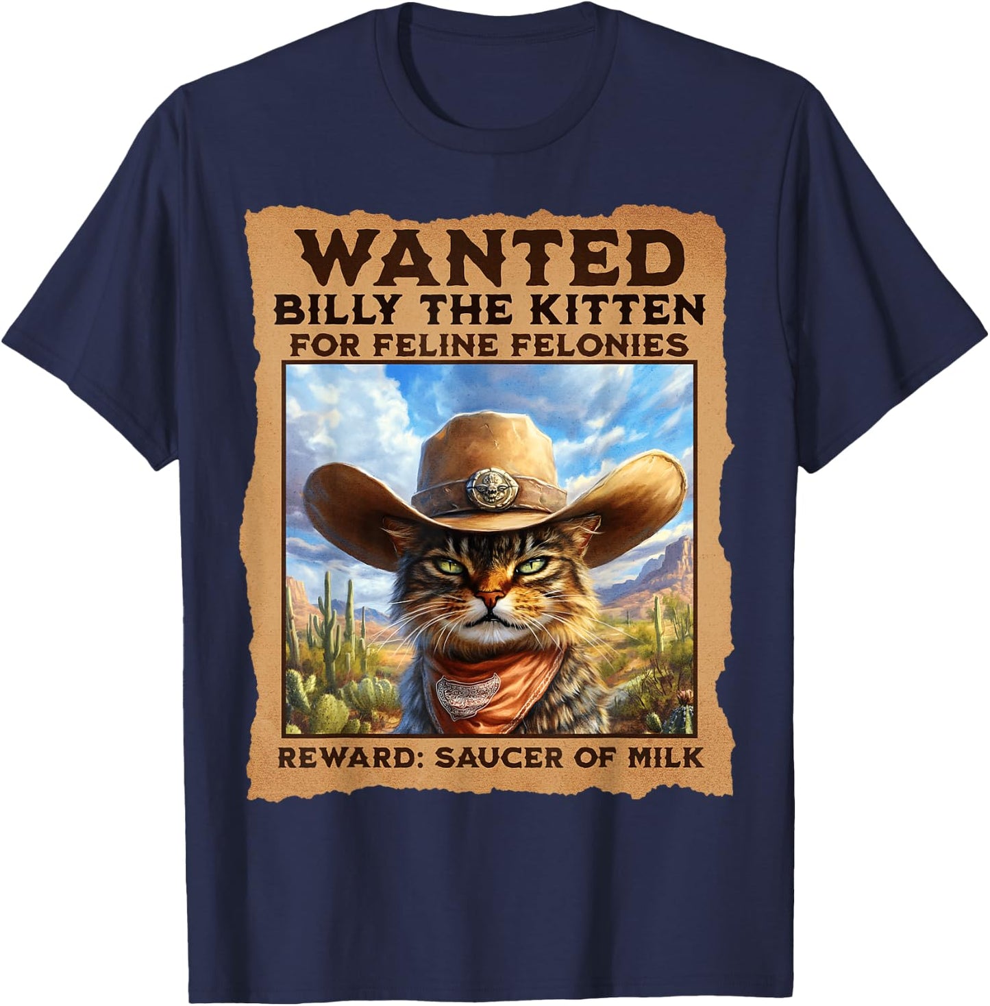 Wanted: Billy the Kitten. Cowboy Cat Western T-Shirt - T-Shirt | Navy