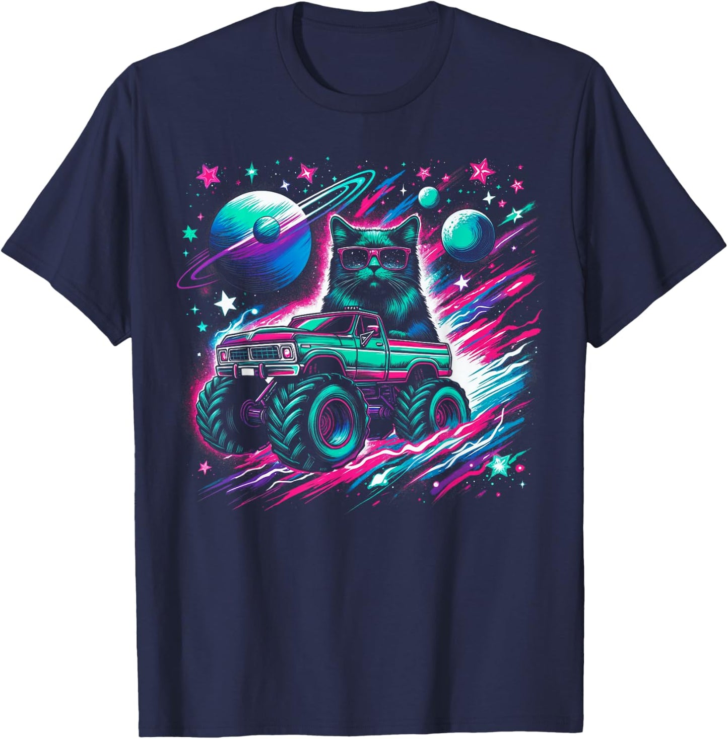 Cool Cat Driving Monster Truck in Cosmic Space Men Women Kids T-Shirt - T-Shirt | Navy