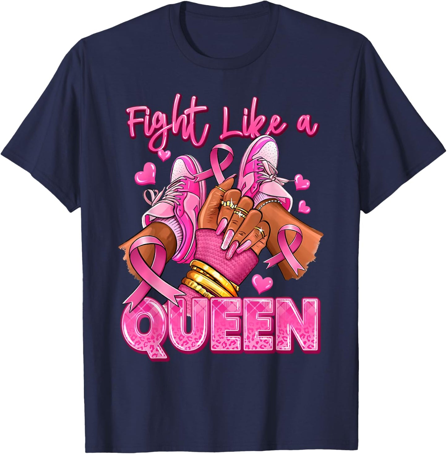 Afro Queen Black Women Breast Cancer Survivor Pink Ribbon T-Shirt - T-Shirt | Navy