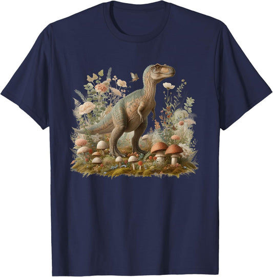 Floral Dinosaur Graphic Cottagecore Dinosaur Mushrooms T-Shirt - T-Shirt | Navy