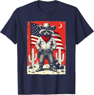 Vintage Racoon Trash Panda Cowboy Western Country Cowgirl T-Shirt - T-Shirt | Navy