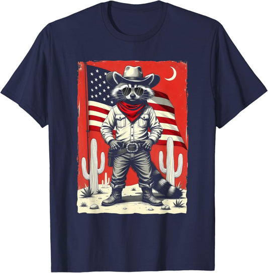 Vintage Racoon Trash Panda Cowboy Western Country Cowgirl T-Shirt - T-Shirt | Navy