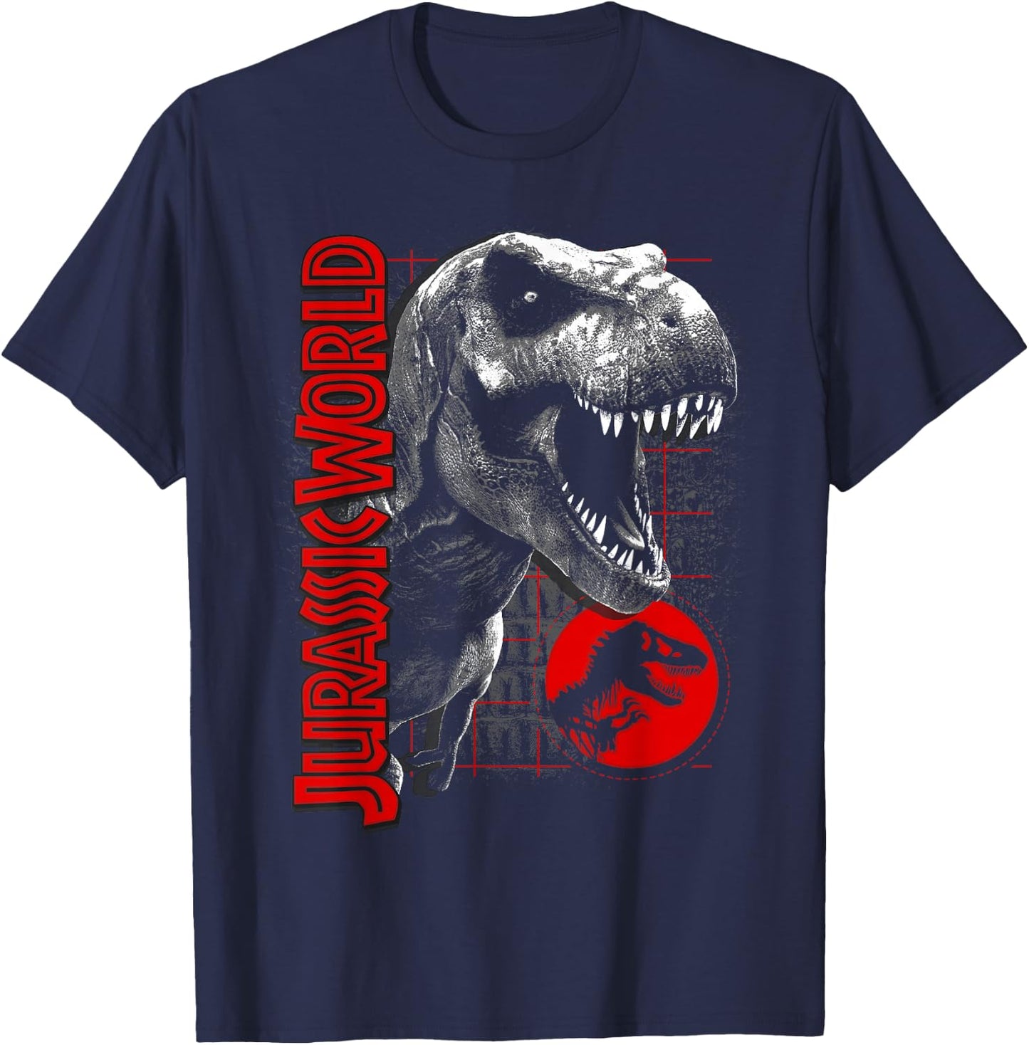 Jurassic World T-Rex Grid Background Logo Graphic T-Shirt - T-Shirt | Navy