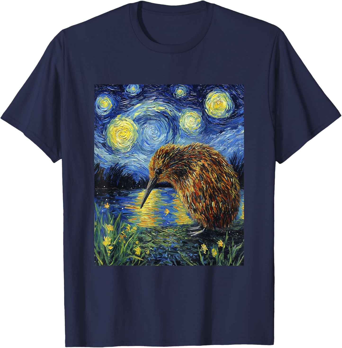 Funny Kiwi Bird - Van Gogh Style - Starry Night Graphic T-Shirt - T-Shirt | Navy