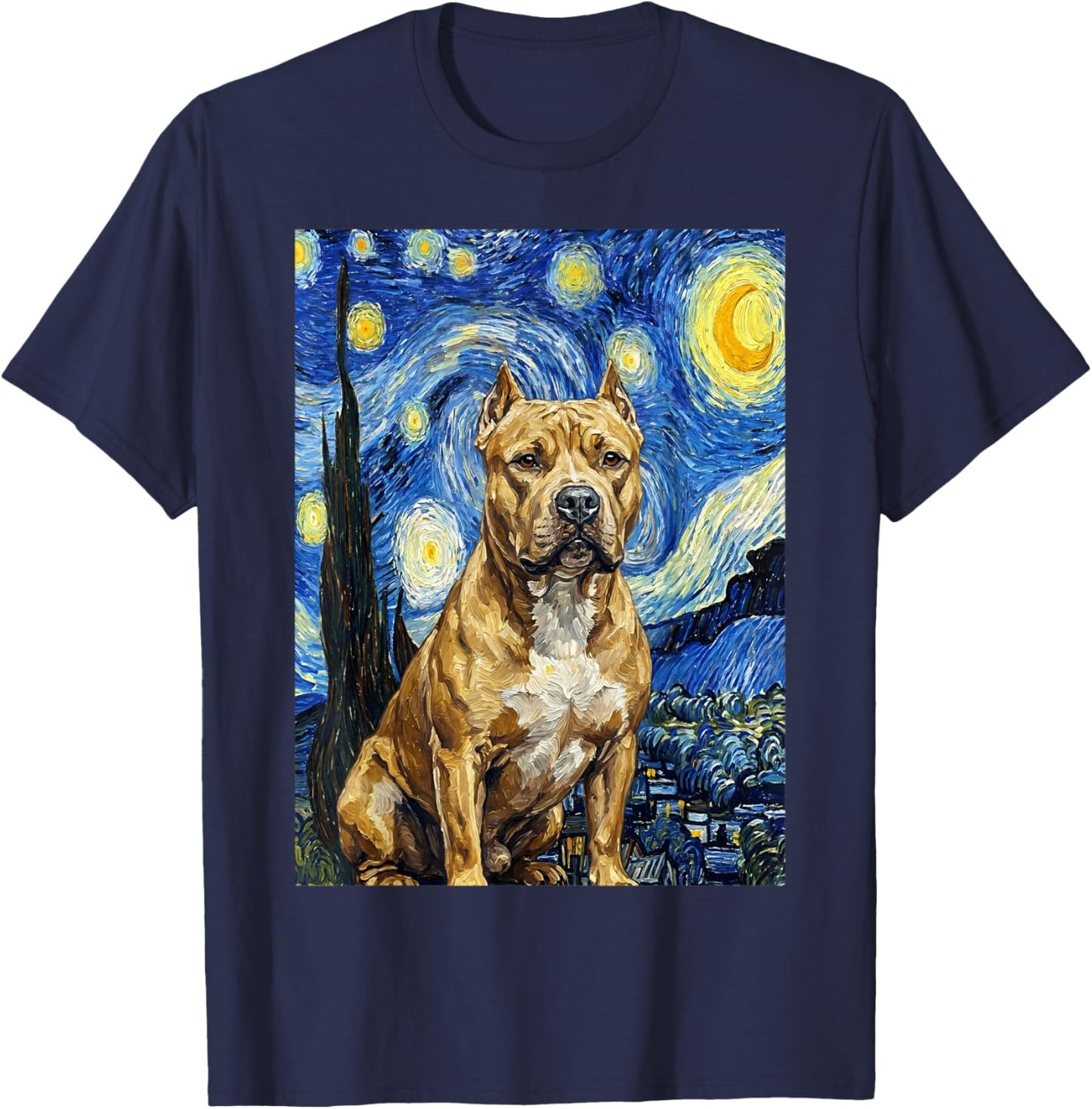 Pitbull Dog Starry Night Art Painting Style T-Shirt - T-Shirt | Navy