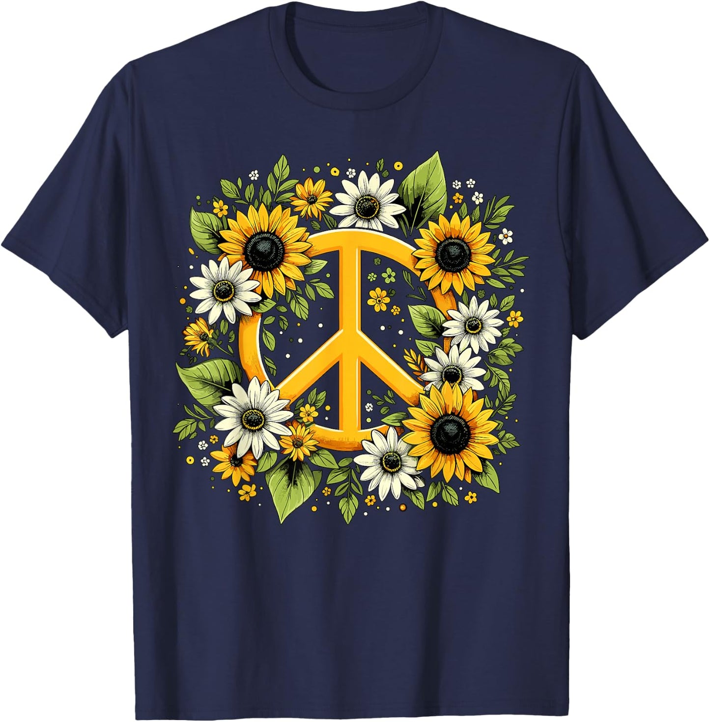 Hippie Peace Sign Flower Sunflower Hippie T-Shirt - T-Shirt | Navy
