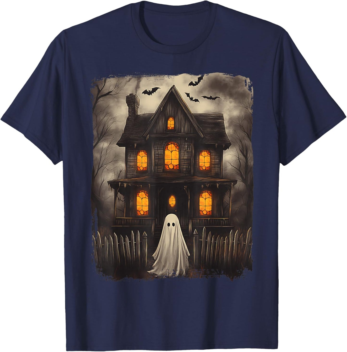 Vintage Ghost Haunted House Scary Halloween Costume Spooky T-Shirt - T-Shirt | Navy