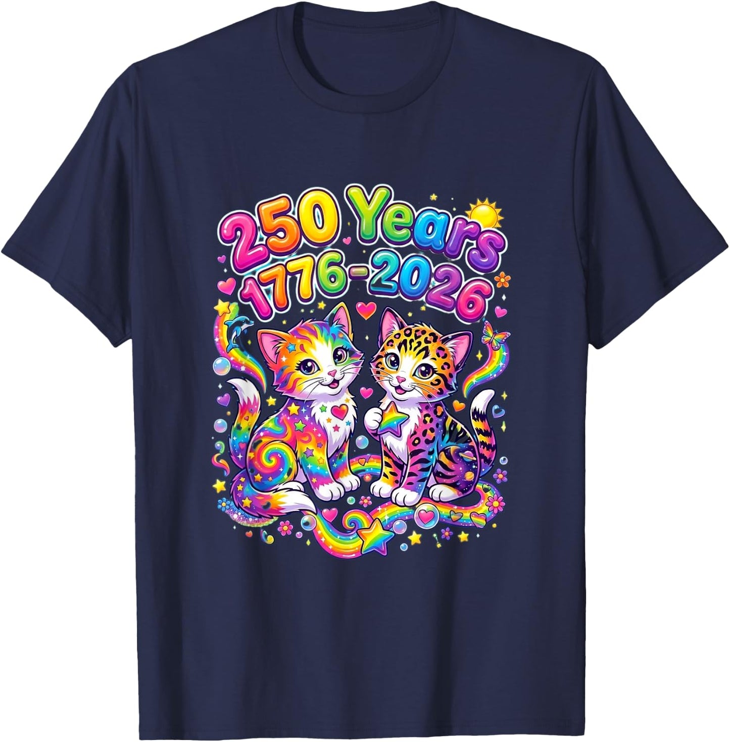 250 Years 250th Anniversary July 4th Cute Cats Rainbow Stars T-Shirt - T-Shirt | Navy