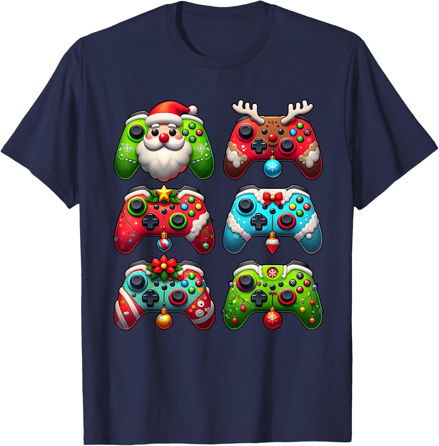 Christmas Santa Elf Lights Gaming Controllers Xmas Boys Kids T-Shirt - T-Shirt | Navy