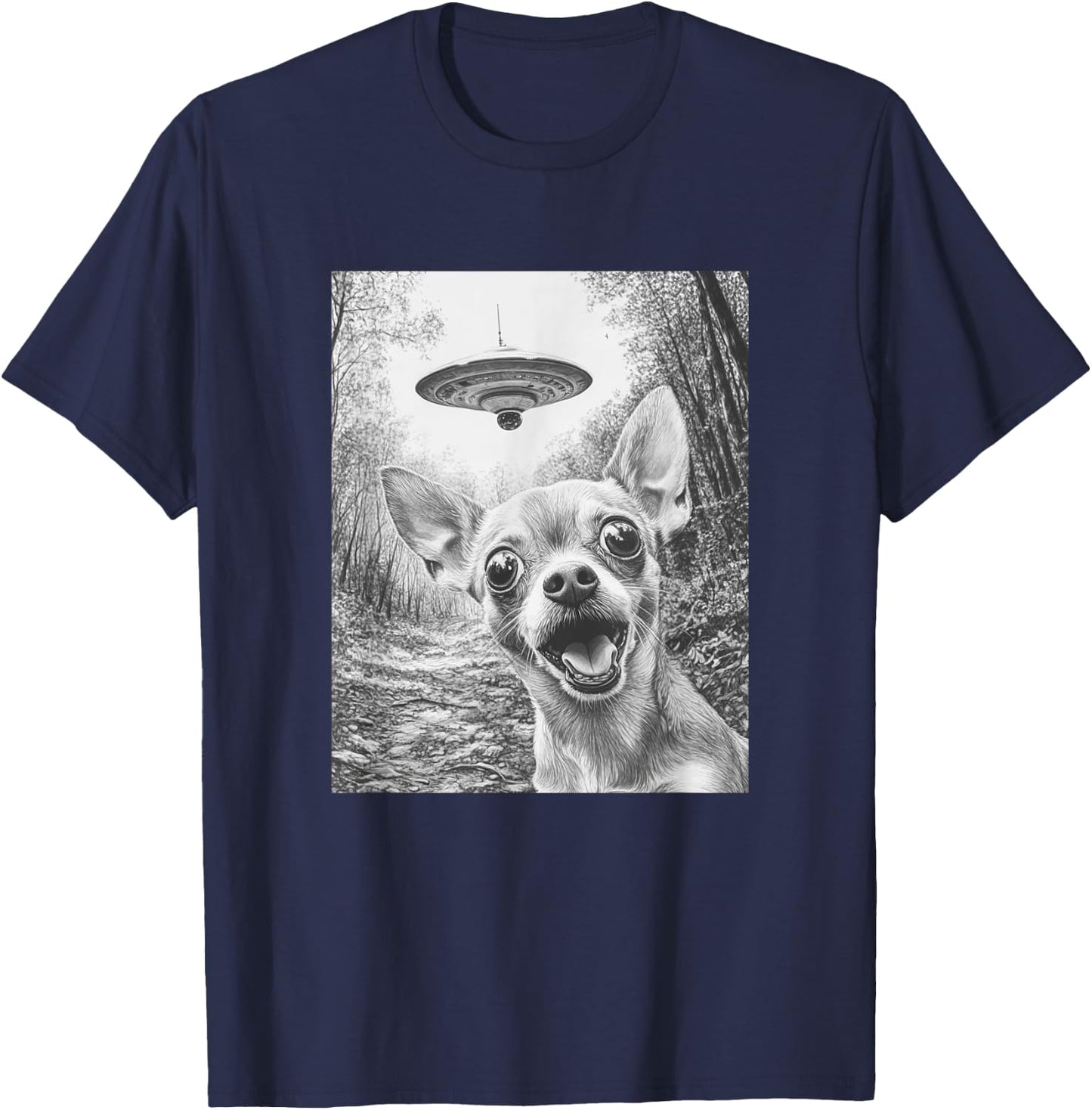 Funny Alien Chihuahua Selfie with UFO T-Shirt - T-Shirt | Navy