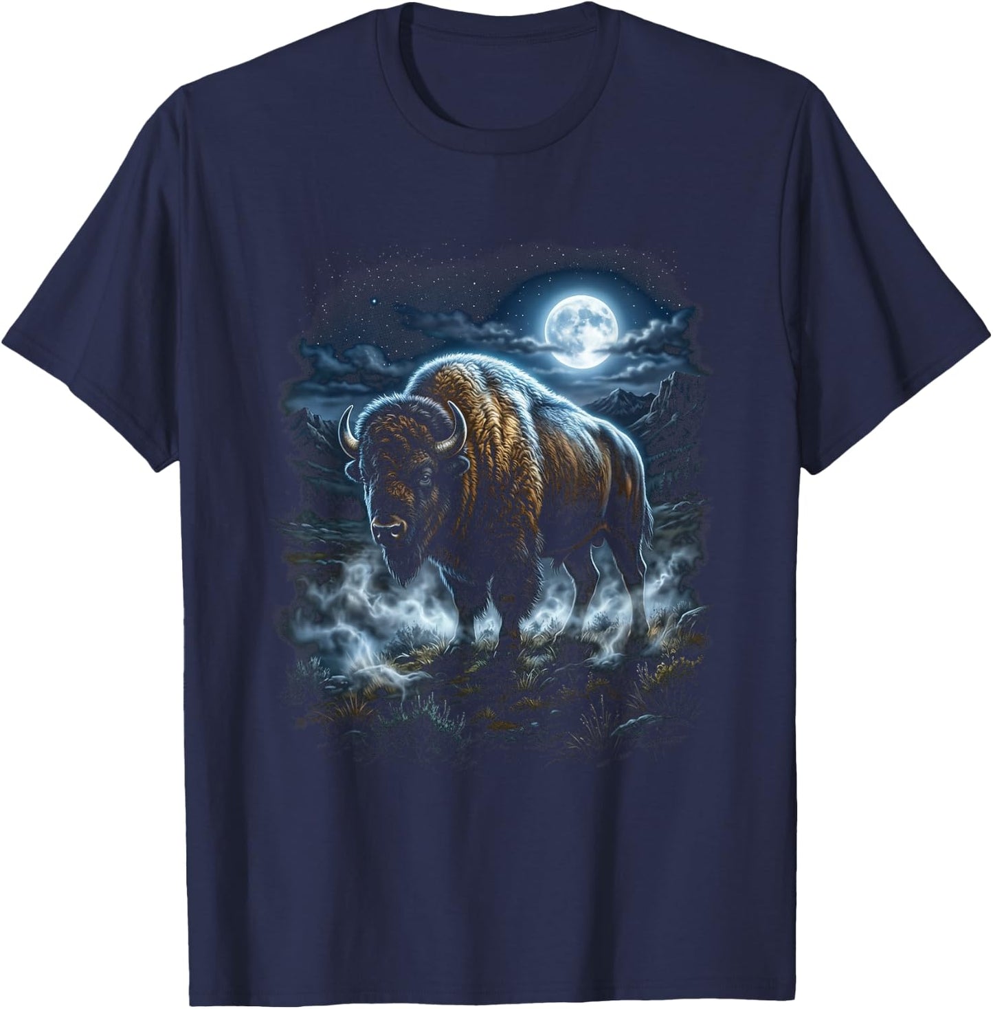 Retro Bison Moonlight American Buffalo T-Shirt - T-Shirt | Navy