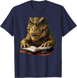 T-Rex Dinosaur Reading Book Nerd T-Shirt - T-Shirt | Navy