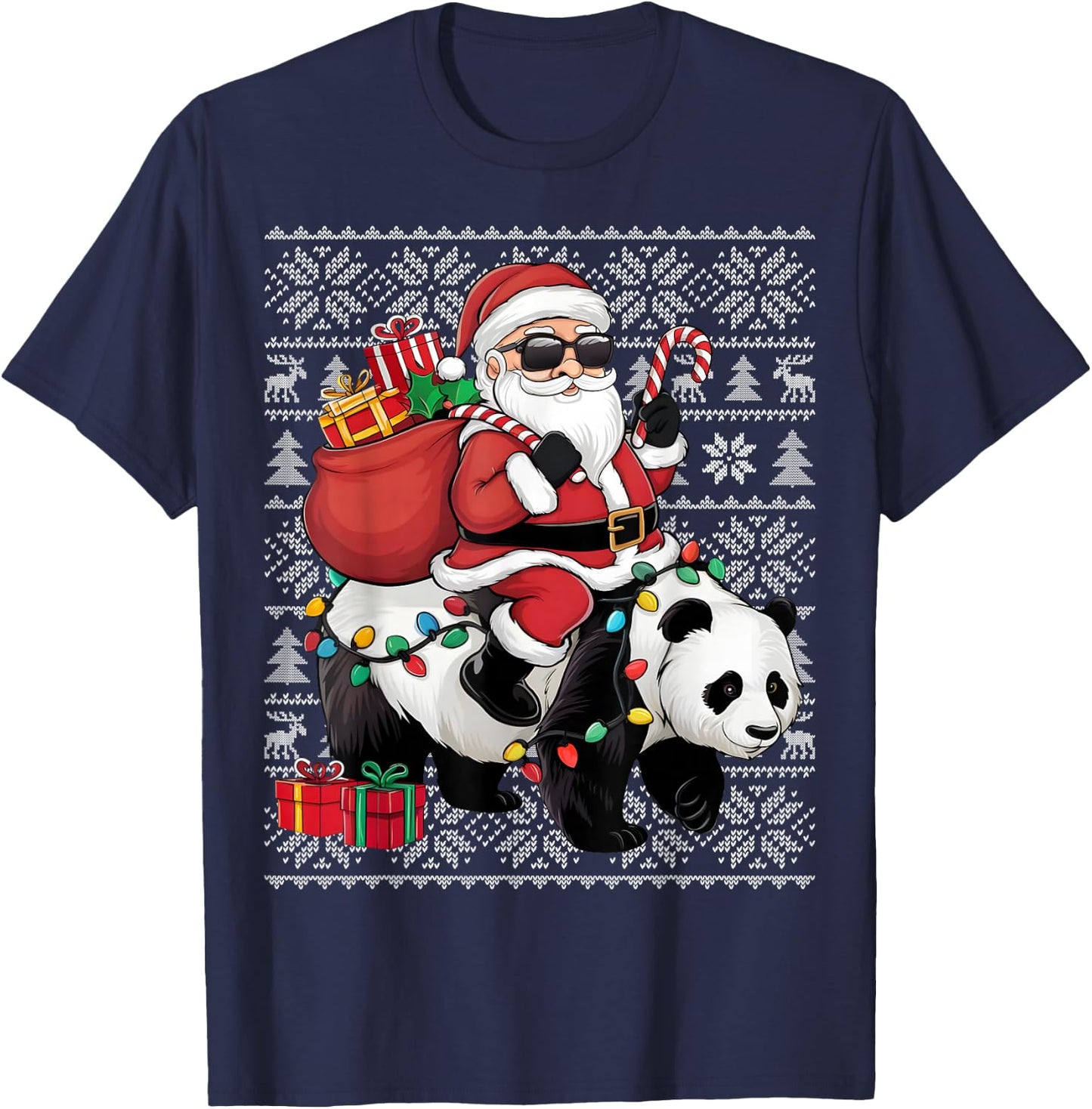 Ugly Xmas Sweater Style Santa Riding Panda Christmas T-Shirt - T-Shirt | Navy