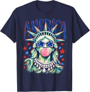 Brushstroke Statue of Liberty Blowing Bubble Gum 4th of July T-Shirt - T-Shirt | Navy