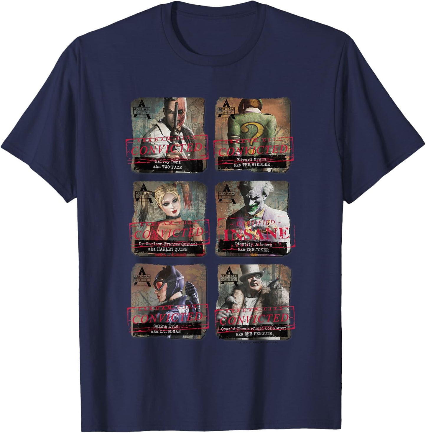 DC Comics Batman Arkham City Arkham Lineup - -Adults, Black, Small T-Shirt - T-Shirt | Navy