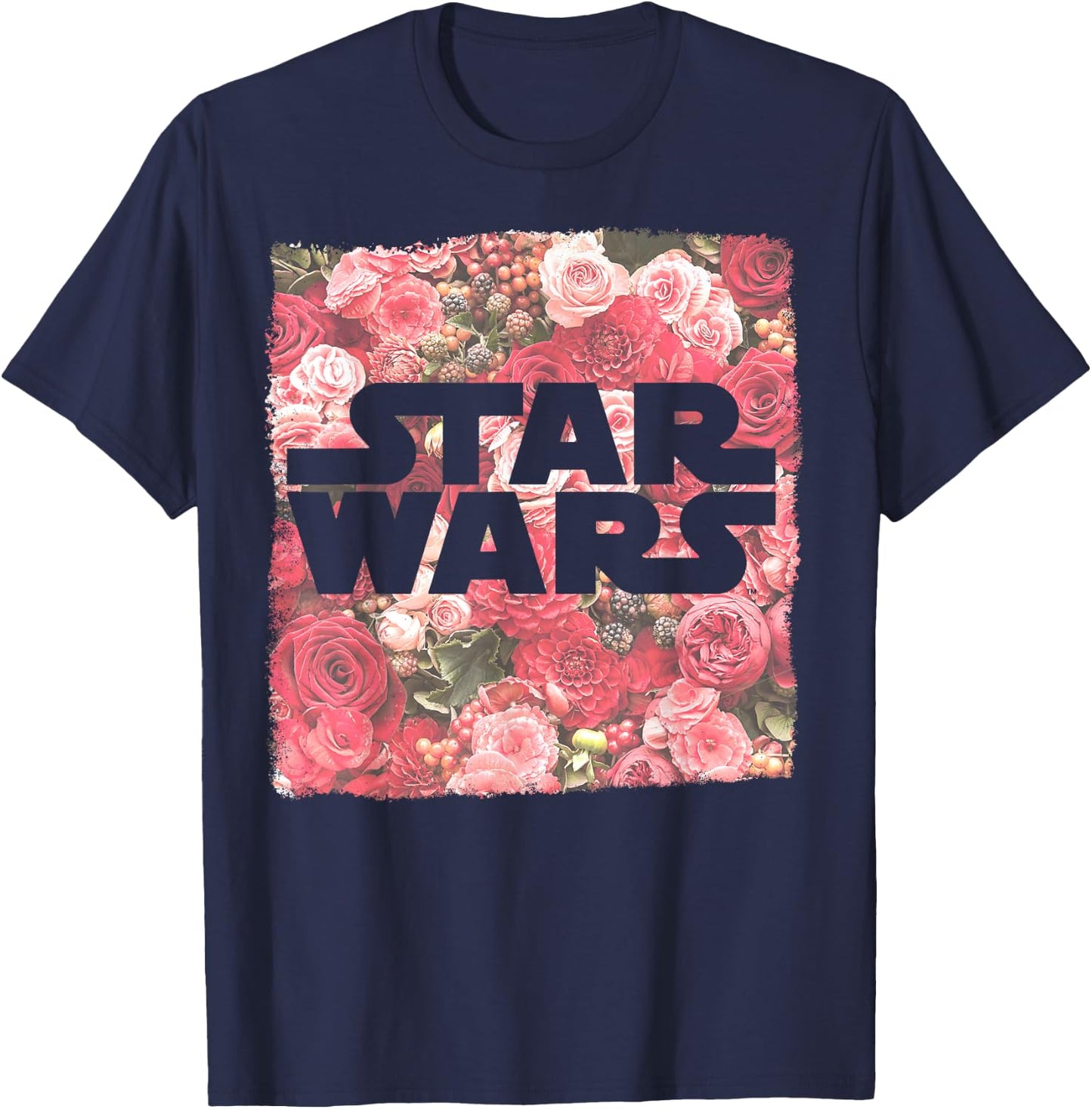 Star Wars Rose Floral Print Logo Fill Pattern T-Shirt - T-Shirt | Navy