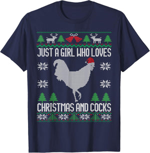 Just a Girl Who Loves Christmas and Cocks Ugly Christmas T-Shirt - T-Shirt | Navy