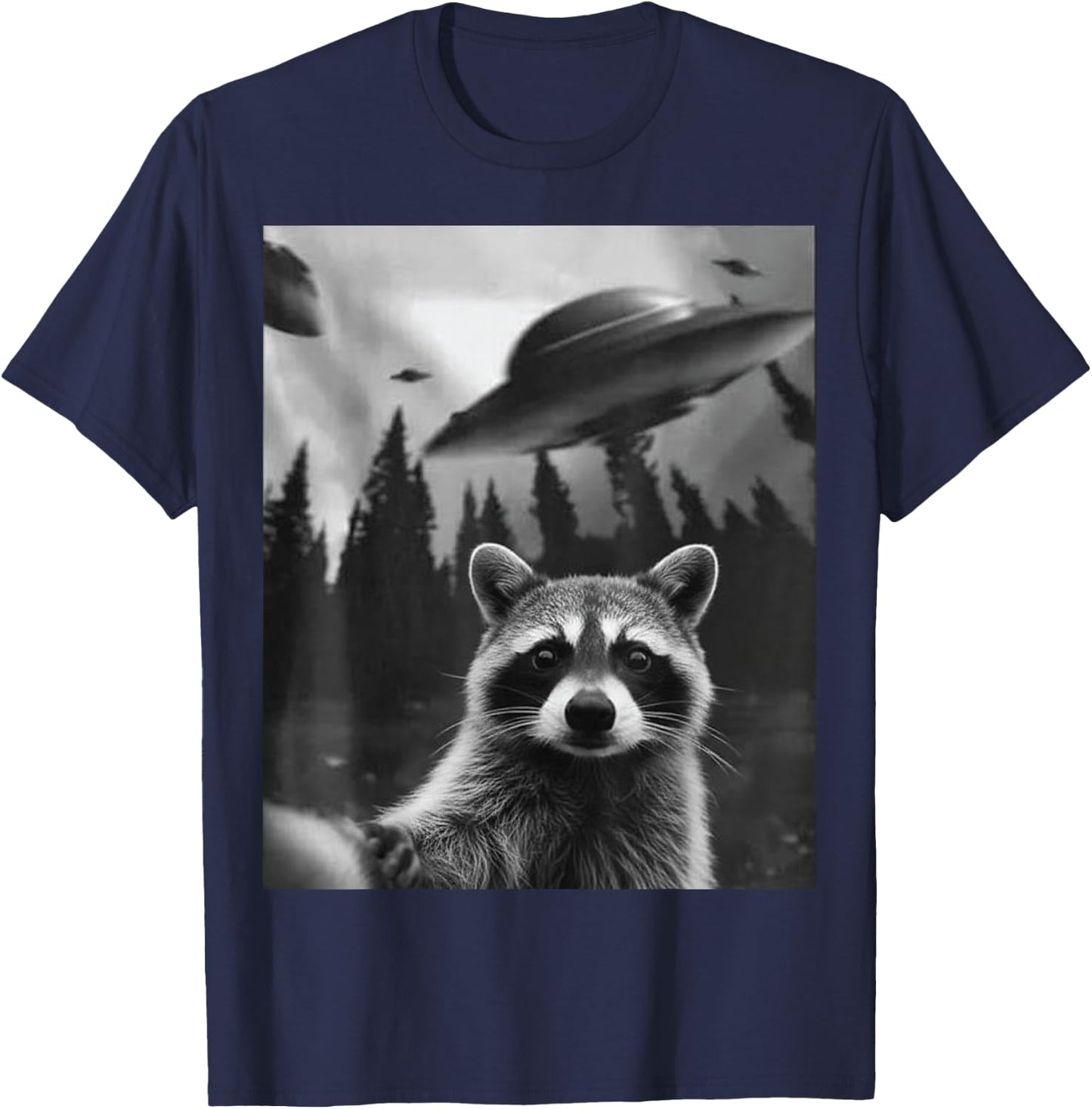 Funny Alien Raccoon UFO Retro Sci Fi Space Humor Men Women T-Shirt - T-Shirt | Navy