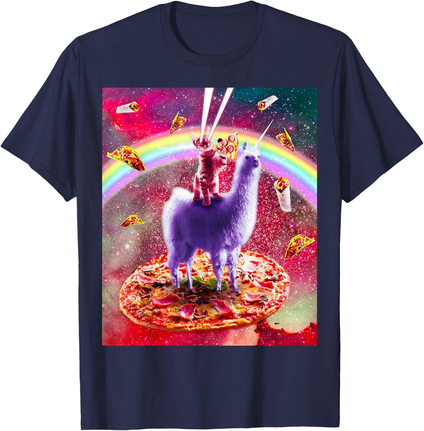 Laser Eyes Outer Space Cat Riding On Llama Unicorn T-Shirt - T-Shirt | Navy