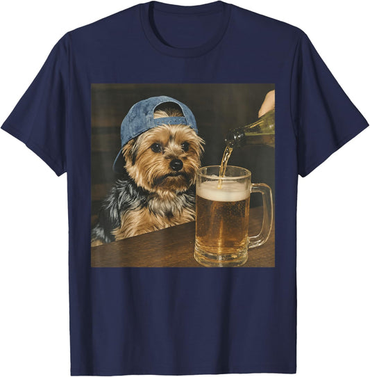 Vintage Yorkie Drinking Beer Funny Yorkie Dog Meme T-Shirt - T-Shirt | Navy