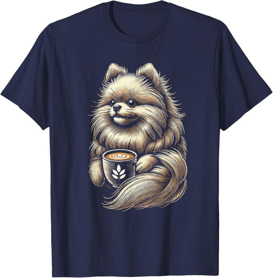 Pomeranian Drinking Coffee Pomeranians Pom Dog T-Shirt - T-Shirt | Navy
