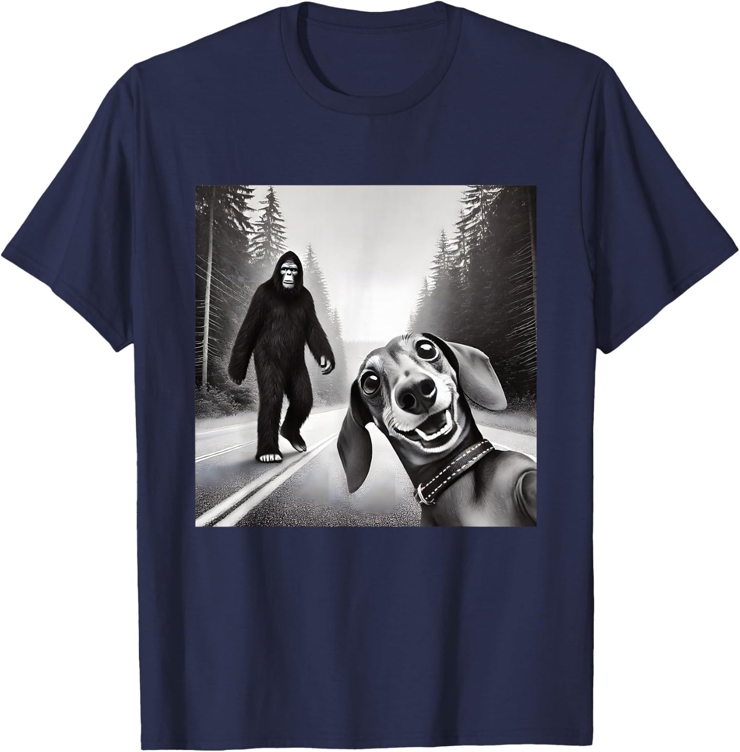 Bigfoot And Dachshund On Road - Black - Small - Short Sleeve T-Shirt - T-Shirt | Navy