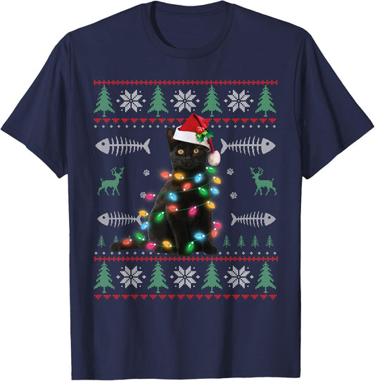 Black Cat Ugly Christmas Sweater Xmas Kitten For Adults Kids T-Shirt - T-Shirt | Navy