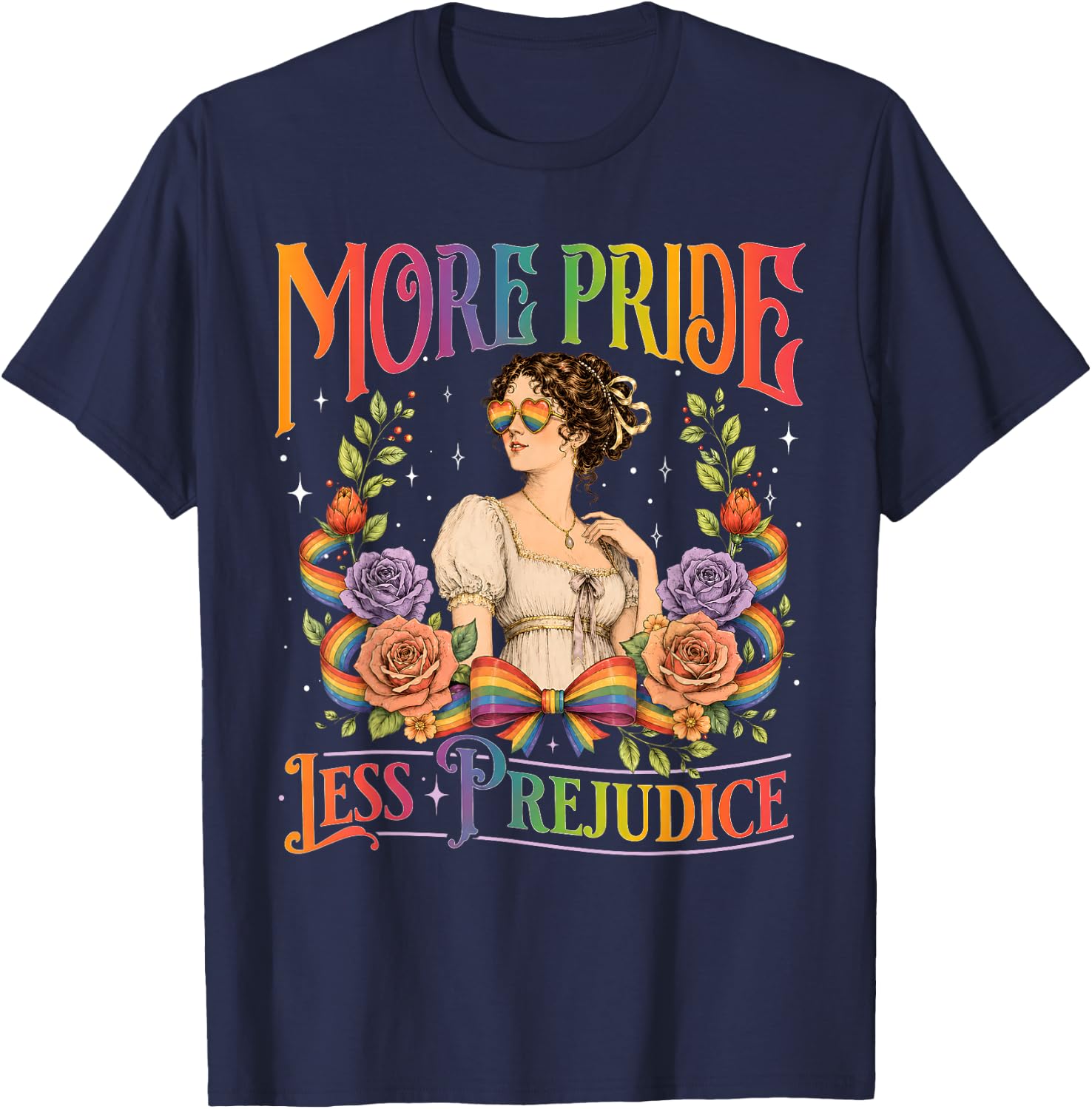 More Pride Less Prejudice Rainbow Vintage Pride Aesthetic T-Shirt - T-Shirt | Navy