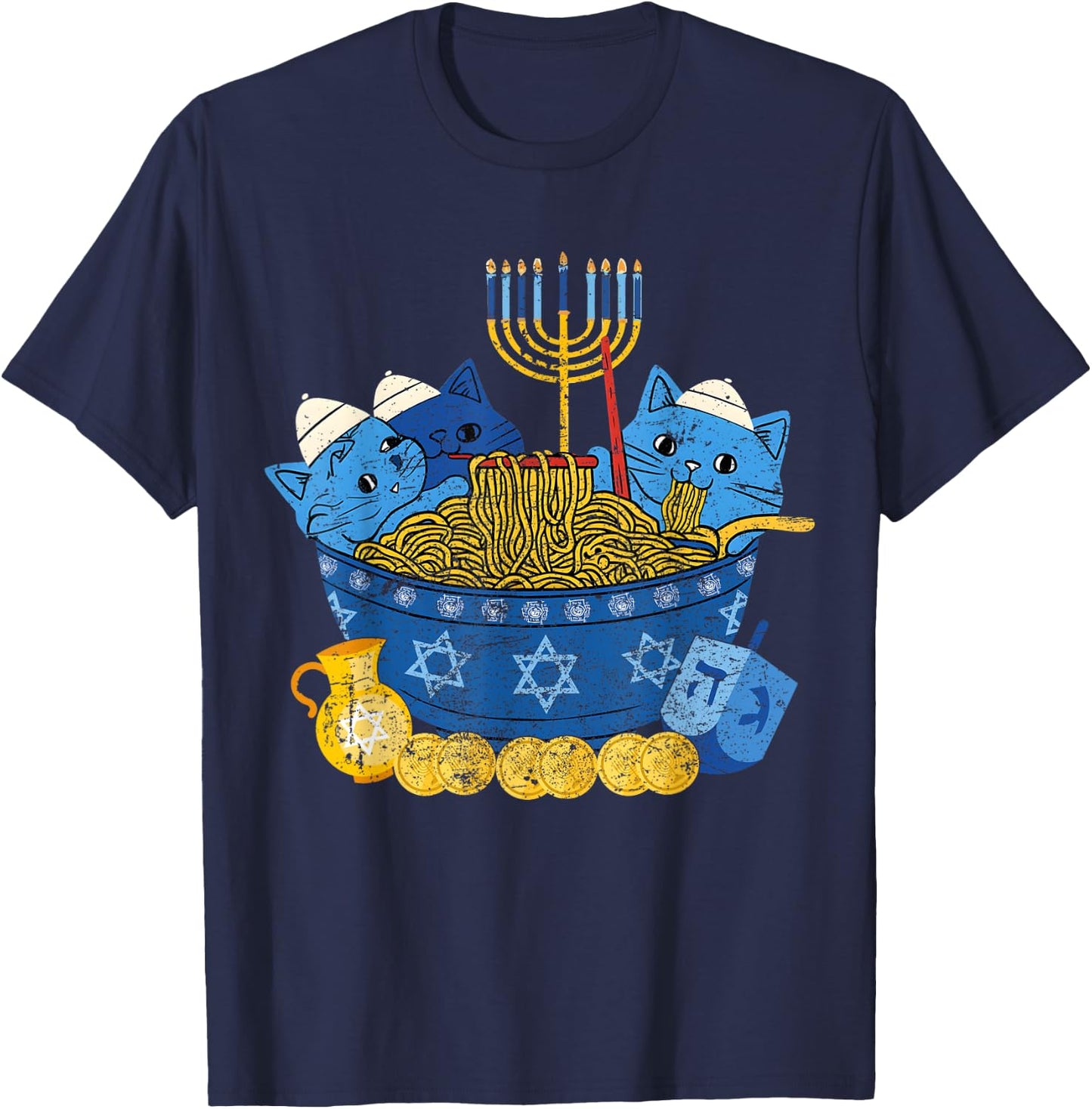 Jewish Cats Ramen Kitten Anime Hanukkah Pajamas Chanukah T-Shirt - T-Shirt | Navy