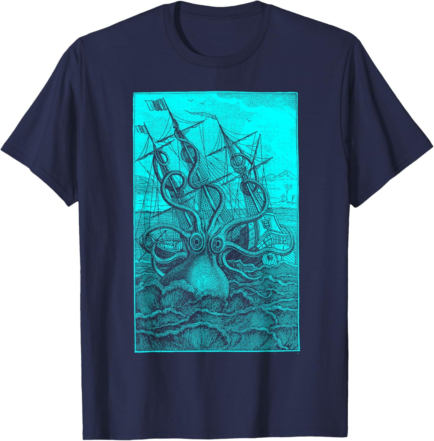 Giant Octopus Pirate Ship Vintage Kraken Sailing Squid T-Shirt - T-Shirt | Navy