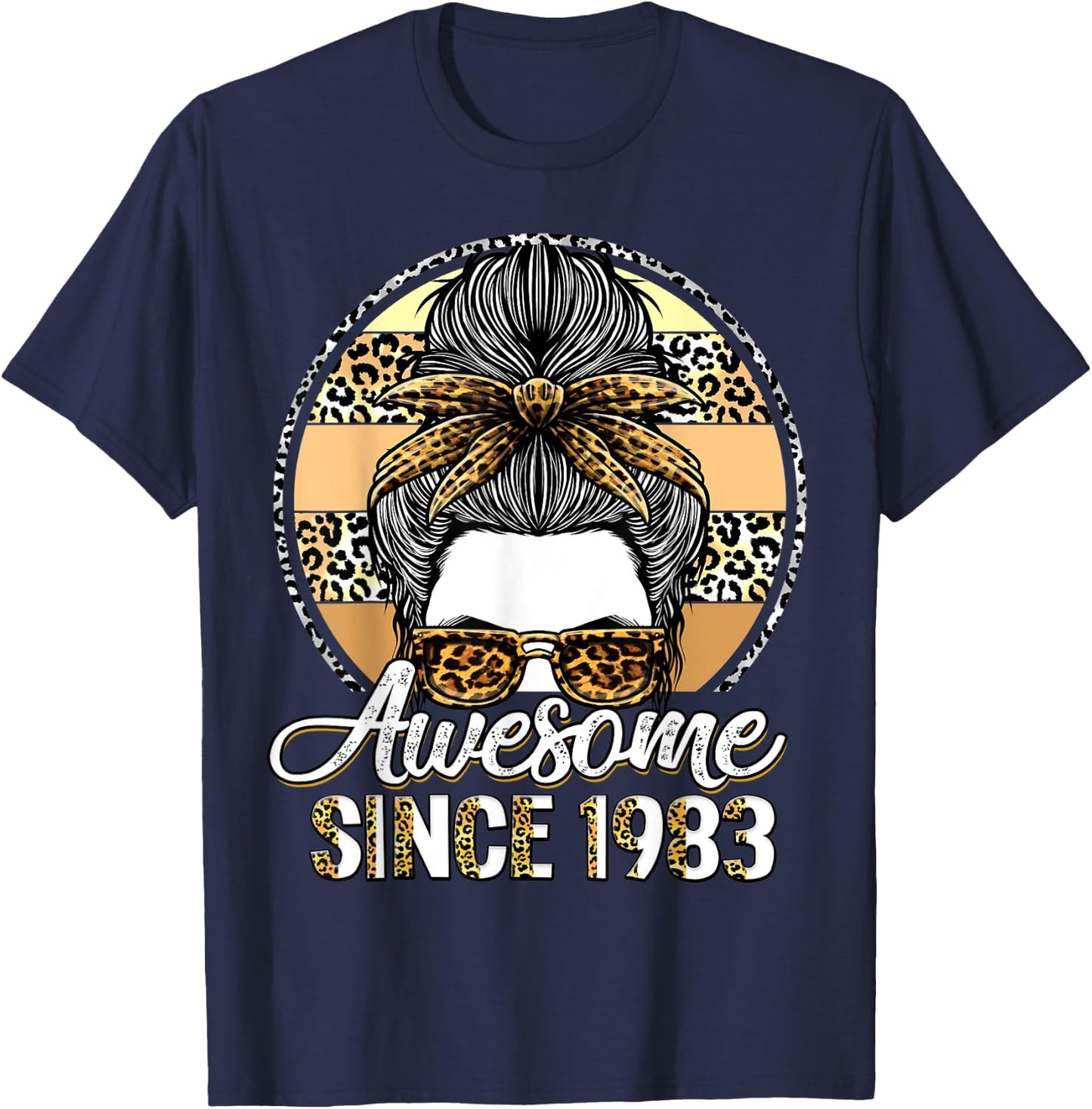 Awesome since 1983 40 Years Old Messy Bun Leopard T-Shirt - T-Shirt | Navy