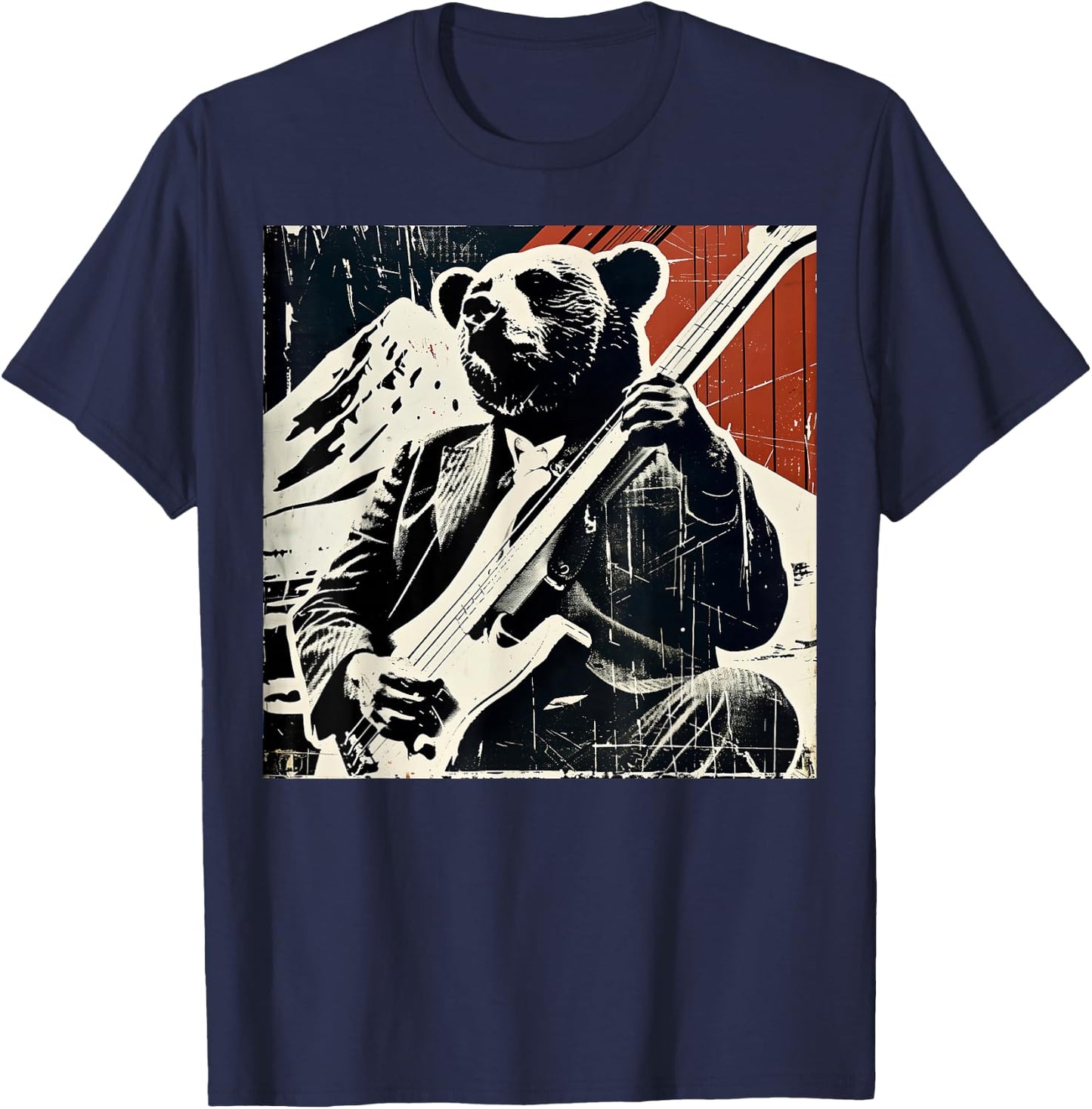 Retro Bear Playing Bass Guitar Music Lovers Guitarist Bear T-Shirt - T-Shirt | Navy