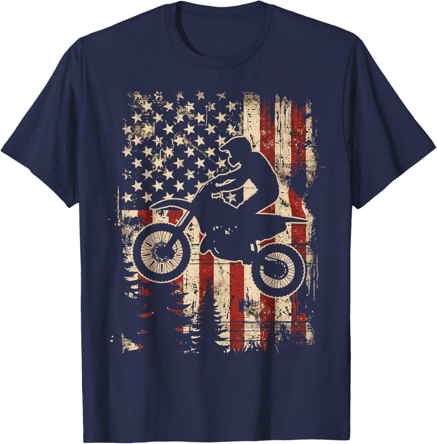 Vintage American Flag Dirt Bike Motocross Patriotic Rider T-Shirt - T-Shirt | Navy