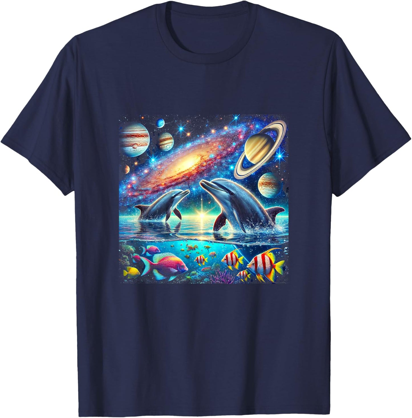90s Dolphin, Y2k Space Galaxy Dolphins, Colorful Beach T-Shirt - T-Shirt | Navy
