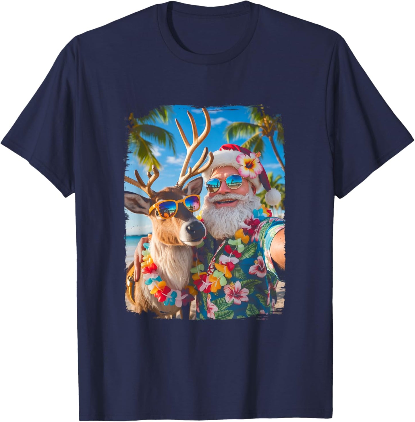 Santa and Reindeer Selfie Funny Beach Christmas in July T-Shirt - T-Shirt | Navy