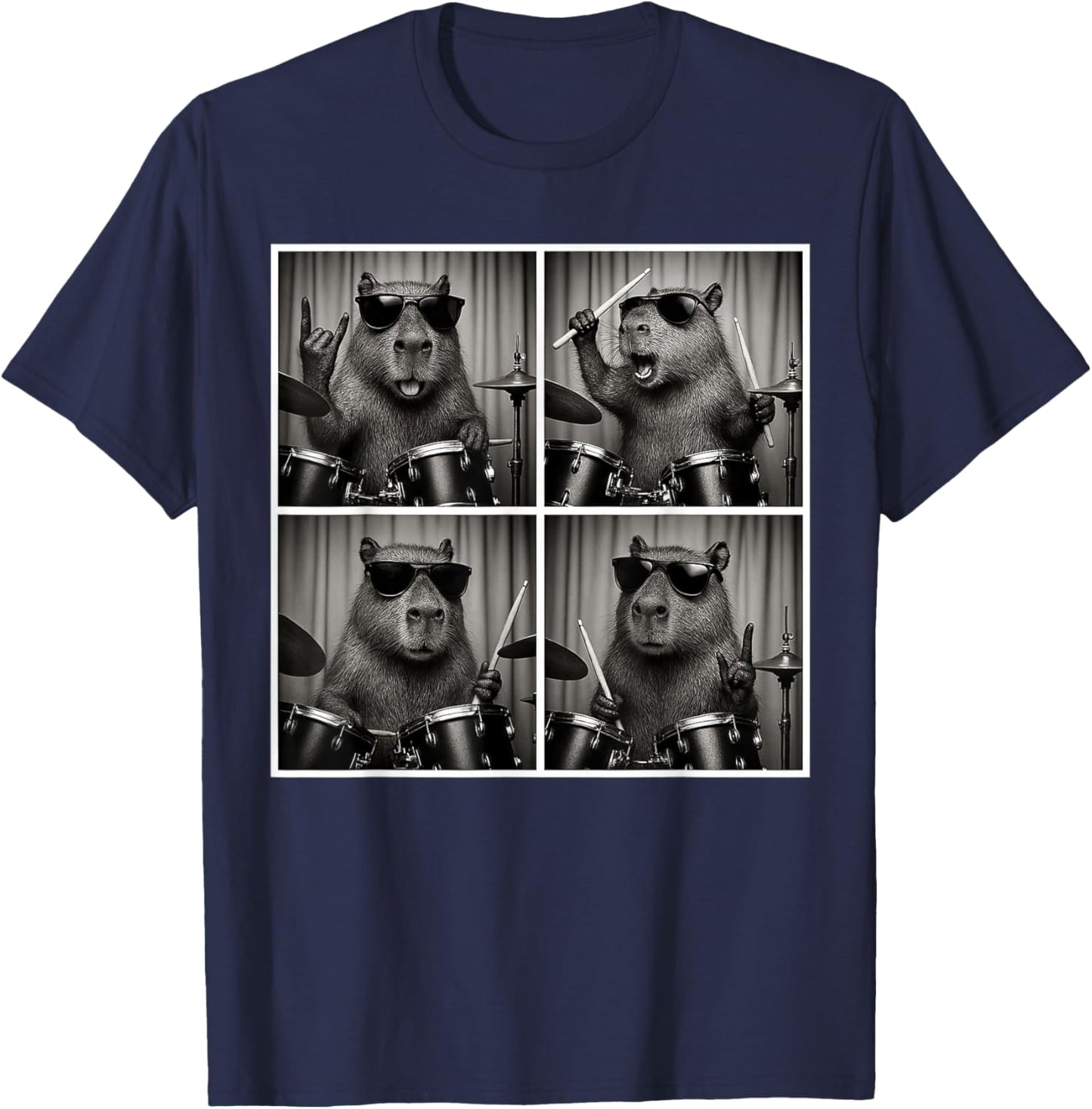 Vintage Capybara Playing Drums Capybara Drummer Photobooth T-Shirt - T-Shirt | Navy