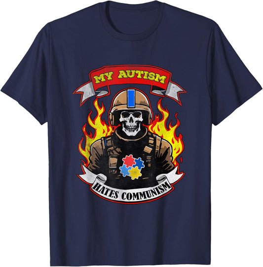 My Autism Hates Communism -Adults Black Cotton 100% Small Modern Classic Letter Print Vacation Autism Awareness T-Shirt - T-Shirt | Navy