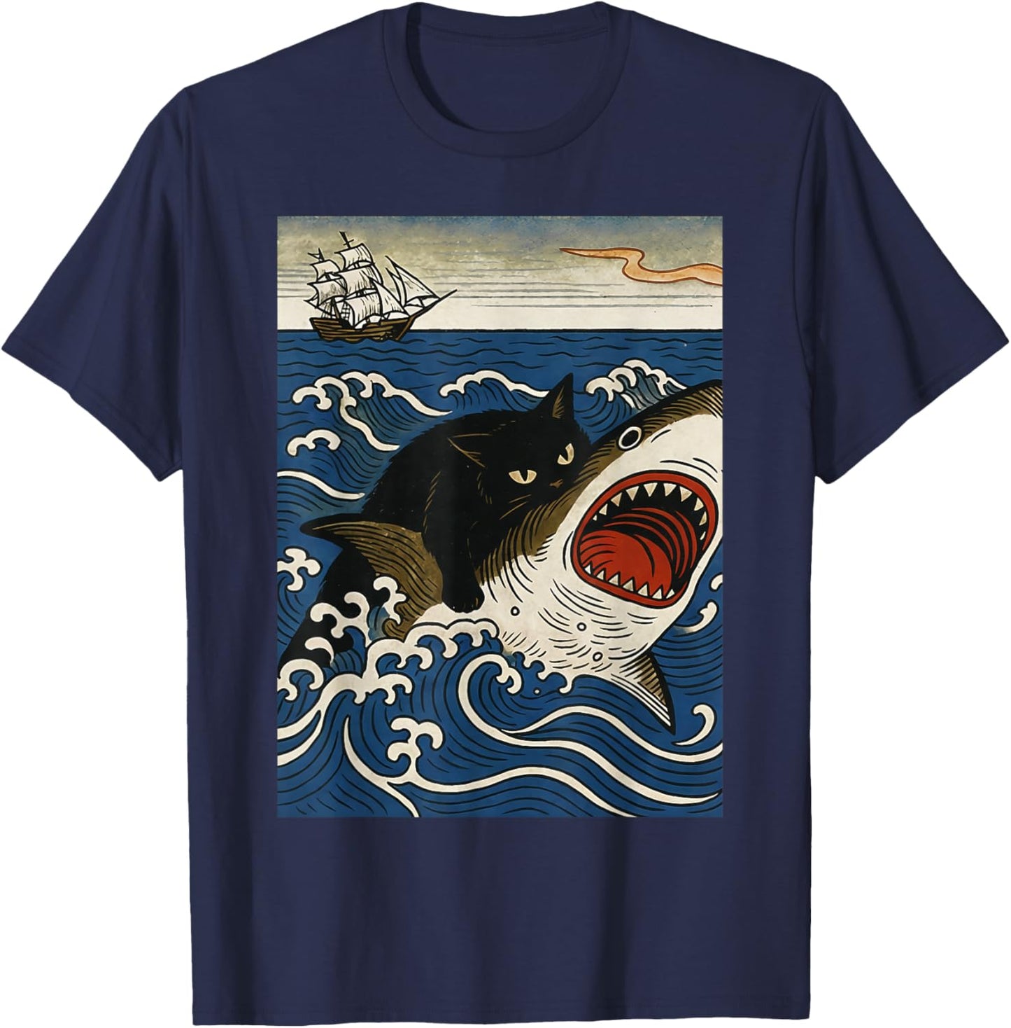 Ukiyo-e Cat Riding Shark Retro Black Cat Shark Rider Ocean T-Shirt - T-Shirt | Navy