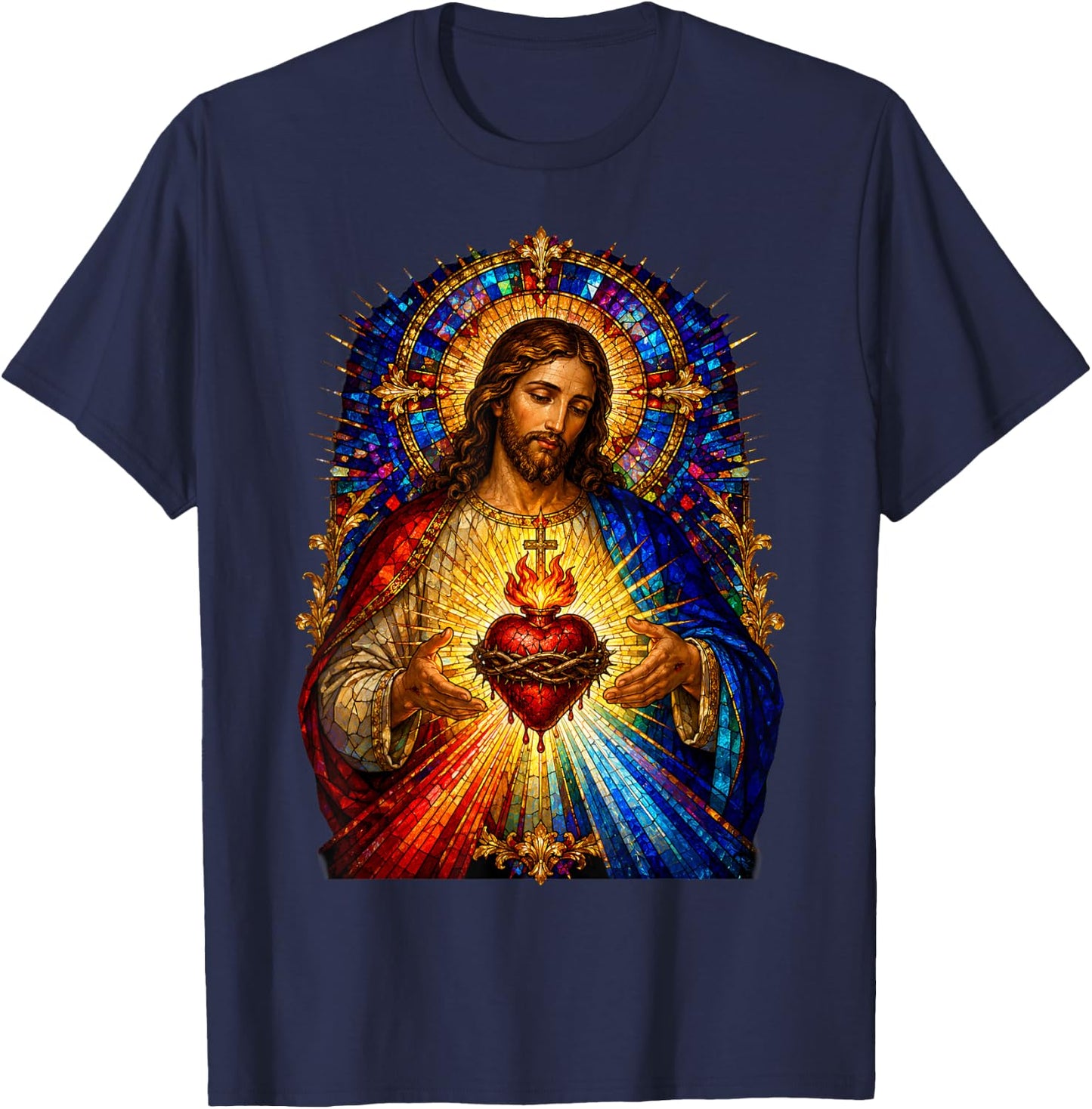 Heart of Jesus Sacred Gothic Cathedral Mosaic Icon Art Faith T-Shirt - T-Shirt | Navy