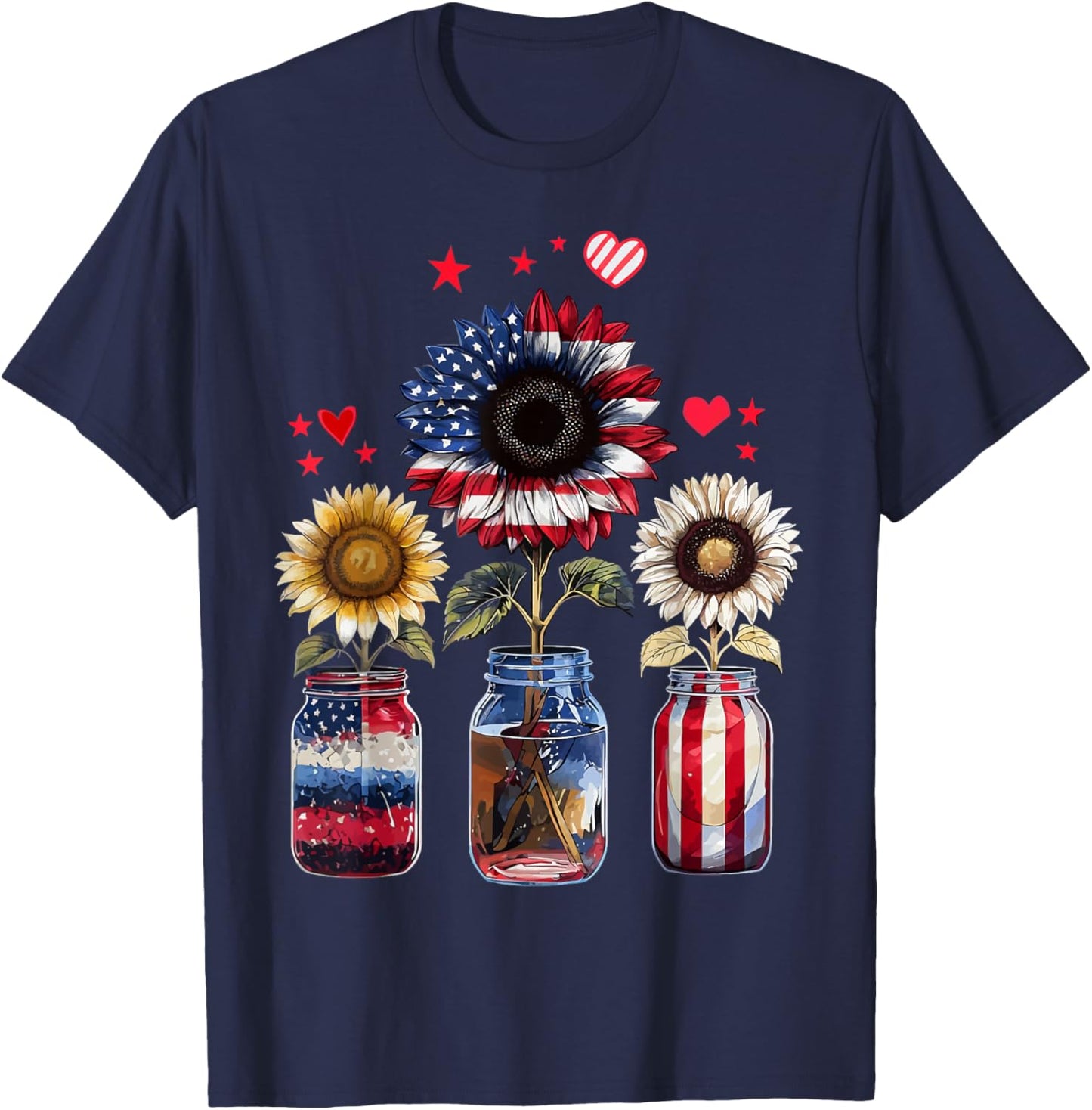 American Patriotic USA Flag Jars With Sunflower 4th Of July T-Shirt - T-Shirt | Navy