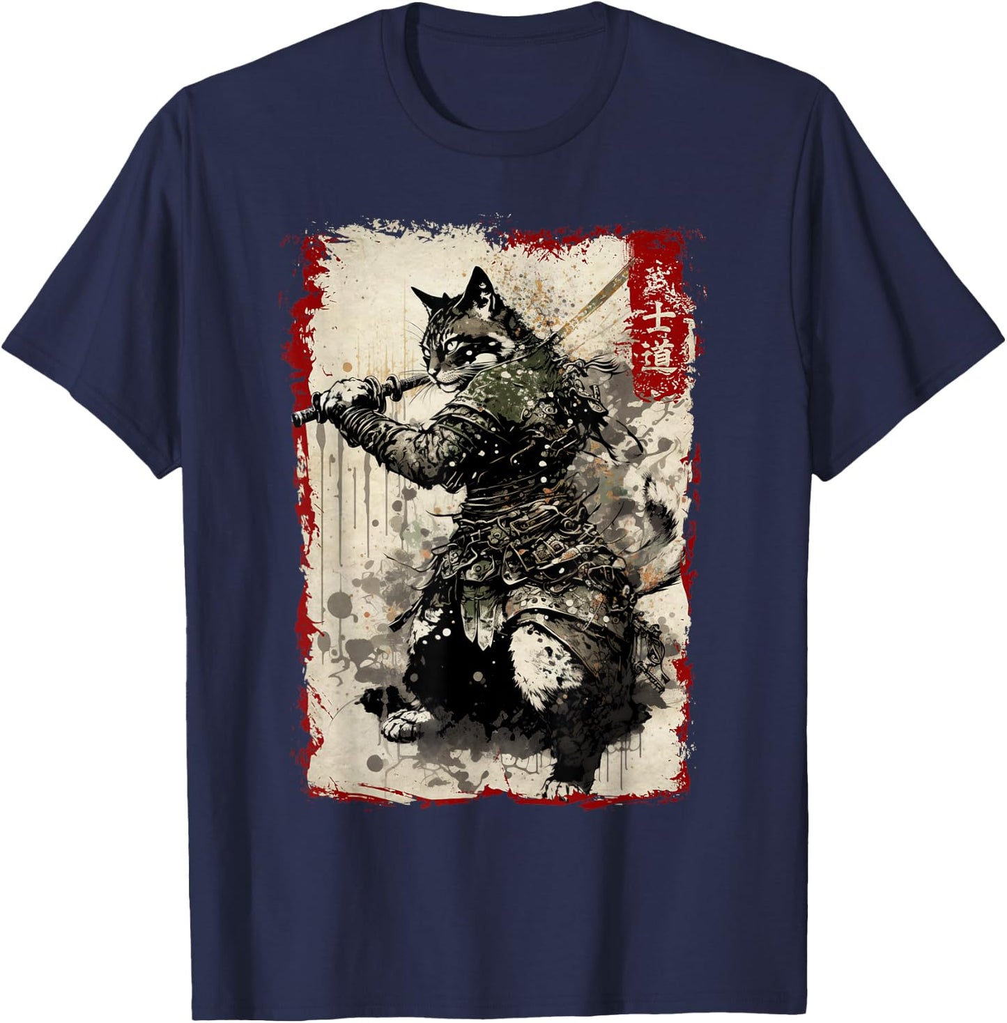 Samurai Cat Warrior Vintage Japanese Art Anime T-Shirt - T-Shirt | Navy