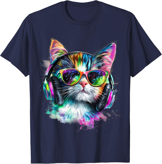 Cool Rainbow Cat Men Women Music Lover Design DJ Cat Lovers T-Shirt - T-Shirt | Navy